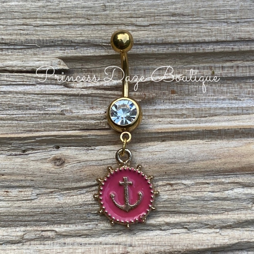 Gold Pink Anchor Belly Button Ring Nautical Navel Piercing Jewelry